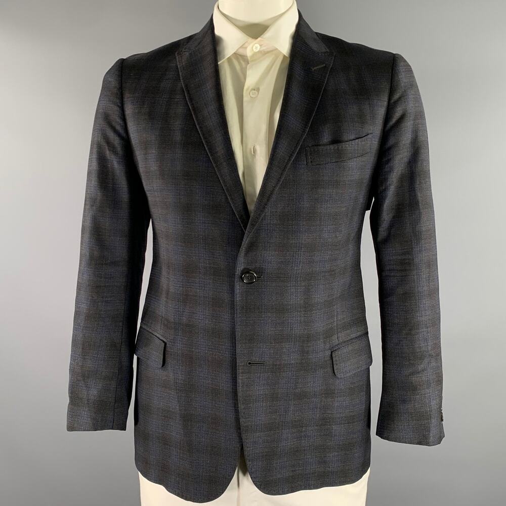GUCCI Size 42 Grey Blue Ombre Plaid Wool Blend Peak Lapel Sport Coat